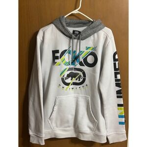 Ecko Unltd Men's Large Graphic Hoodie White Gray Y2K Streetwear Pullover